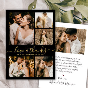 Black Gold Love and Thanks Photo Collage Wedding Thank You Card