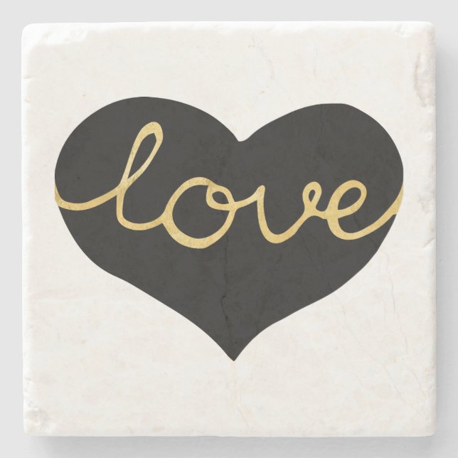 Black & Gold Love Heart Stone Coaster (Front)