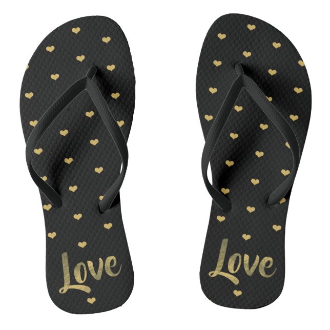Black & Gold Love Hearts Flip Flops (Footbed)