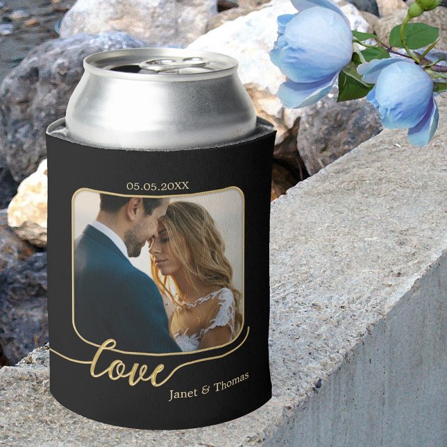 Black Gold Love Script Wedding Photo Can Cooler (Elegant can cooler featuring your photos on front and back, framed by a gold design love script)