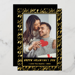 Black & Gold Love Valentines Day Photo Foil Holiday Card