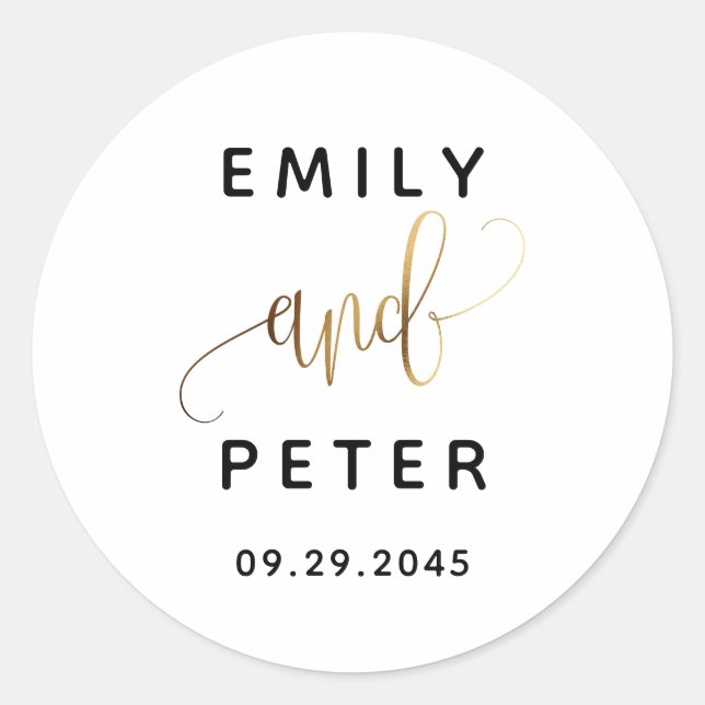 Black Gold Lovely Script Typography Wedding Classic Round Sticker (Front)