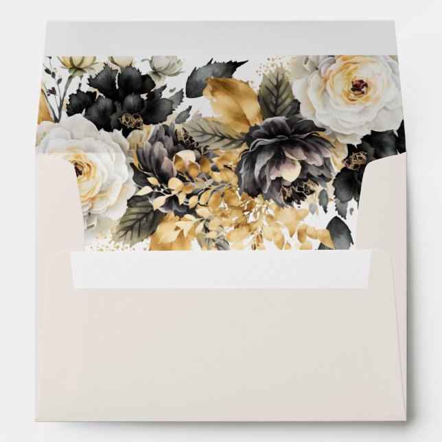 Black Gold Luxe Floral Wedding Return Address Envelope (Back (Bottom))