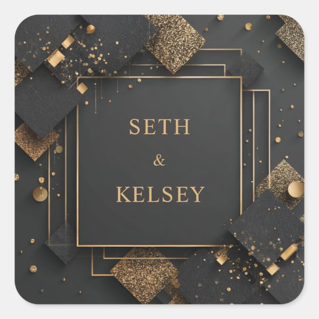 Black & Gold Luxe Geometric Elegant Wedding Square Sticker (Front)