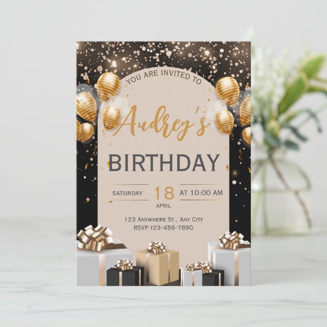 Black Gold Luxury Birthday Invitation (Standing Front)