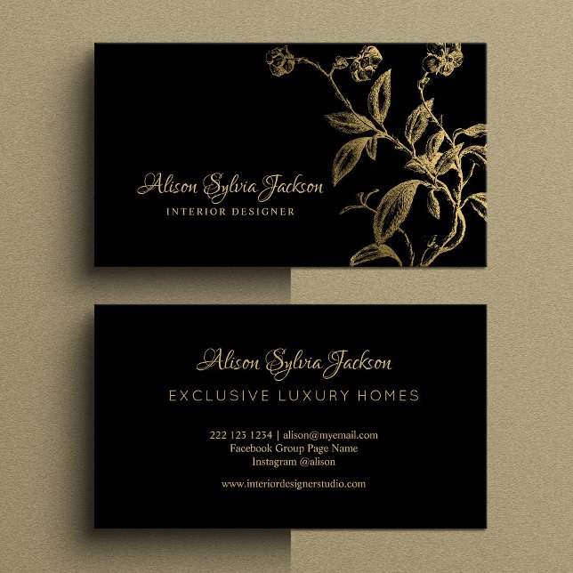 Black gold luxury elegant botanical foliage business card (Creator Uploaded)