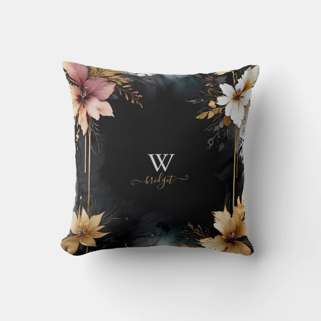 black gold luxury floral marble swirl  cushion (Front)