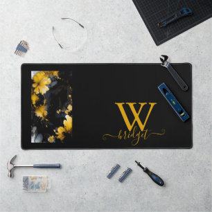 black & gold luxury floral marble swirl  desk mat