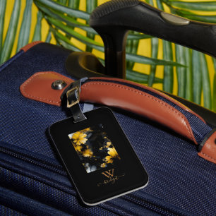 black gold luxury floral marble swirl  luggage tag