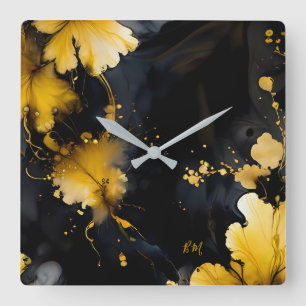 black gold luxury floral marble swirl  square wall clock