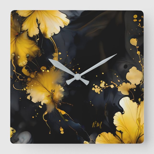 black gold luxury floral marble swirl  square wall clock (Front)
