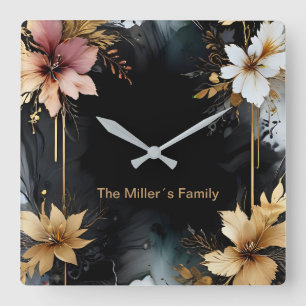 black gold luxury floral marble swirl square wall clock