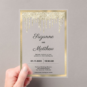 Black gold luxury glitter drips Wedding Acrylic Invitations