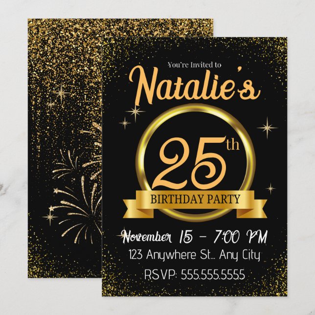 Black Gold Luxury Happy Birthday Party Invitation (Front/Back)
