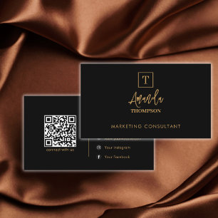 Black Gold Luxury Monogram Social Media QR Code Business Card