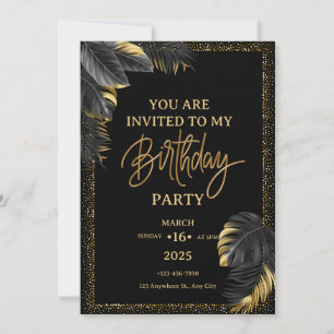 Black Gold Luxury Tropical Leaf Happy Birthday  Invitation