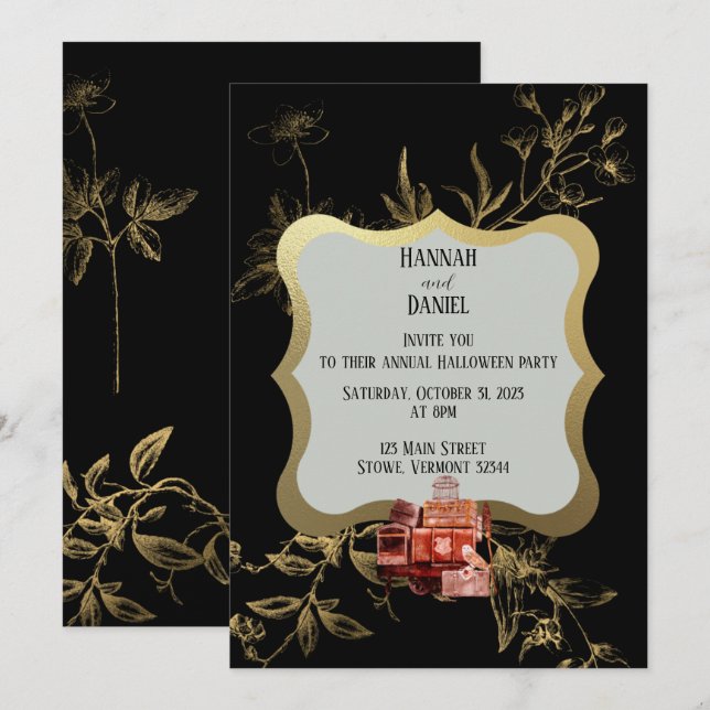 Black & Gold Magical Halloween Party Invitation (Front/Back)