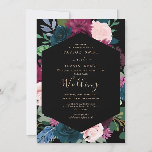 Black Gold Magnolia Wedding Invitation (Front)
