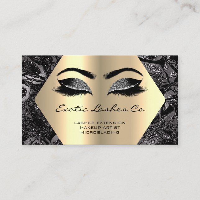 Black Gold Makeup Glitter Hexagonal Round Lashes Business Card (Front)