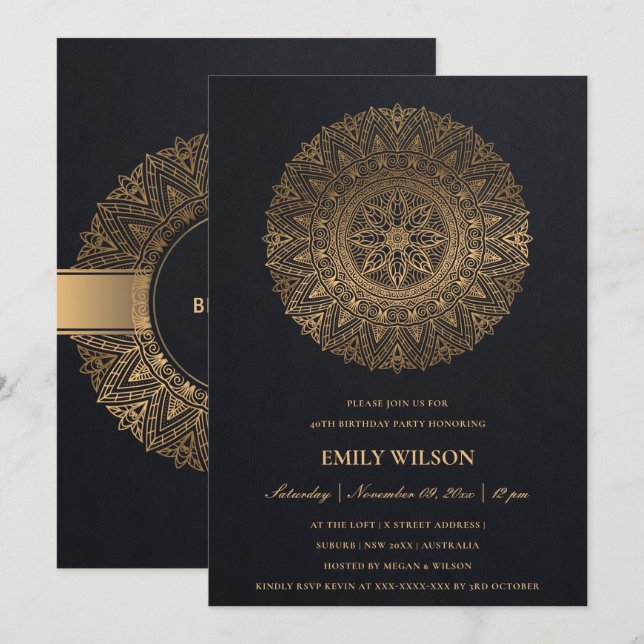 BLACK GOLD MANDALA ANY YEAR 65TH BIRTHDAY PARTY INVITATION (Front/Back)