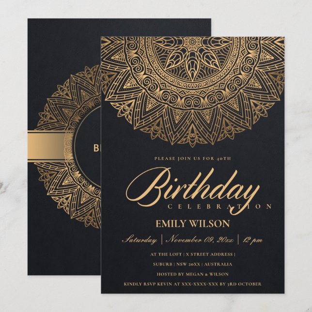 BLACK GOLD MANDALA ANY YEAR 65TH BIRTHDAY PARTY INVITATION (Front/Back)