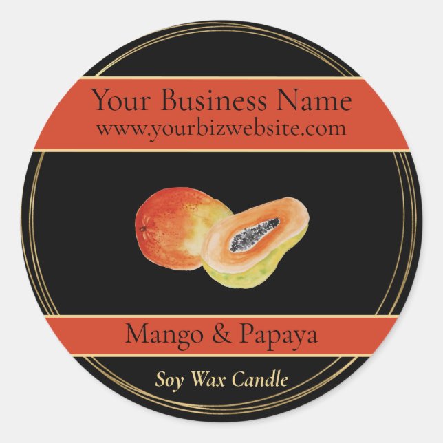 Black & Gold Mango & Papaya Candle Product Label (Front)