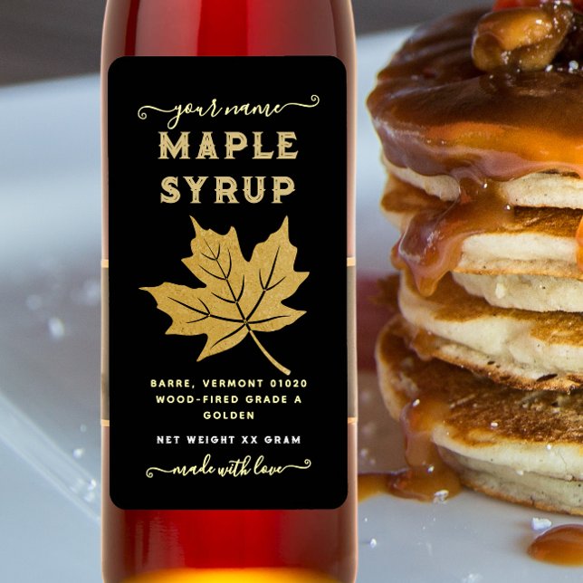 Black & Gold Maple Leaf Maple Syrup Vertical Label (Creator Uploaded)