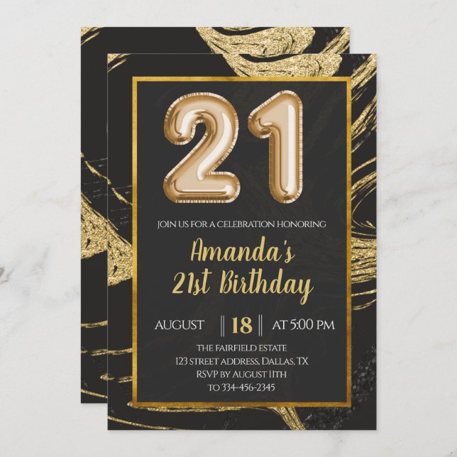 Black Gold Marble 21st Birthday Invitation (Front/Back)