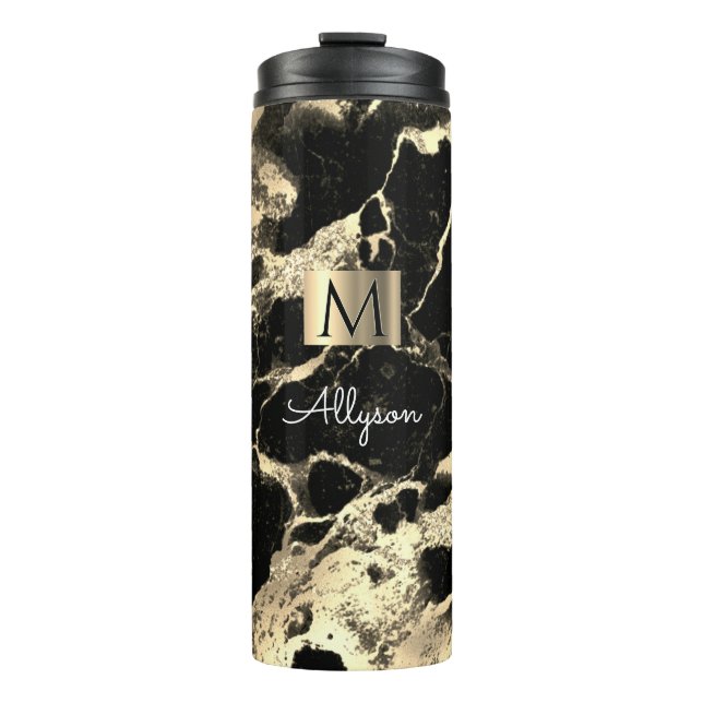 Black & Gold Marble 2, Gold Box, Name & Monogram Thermal Tumbler (Front)
