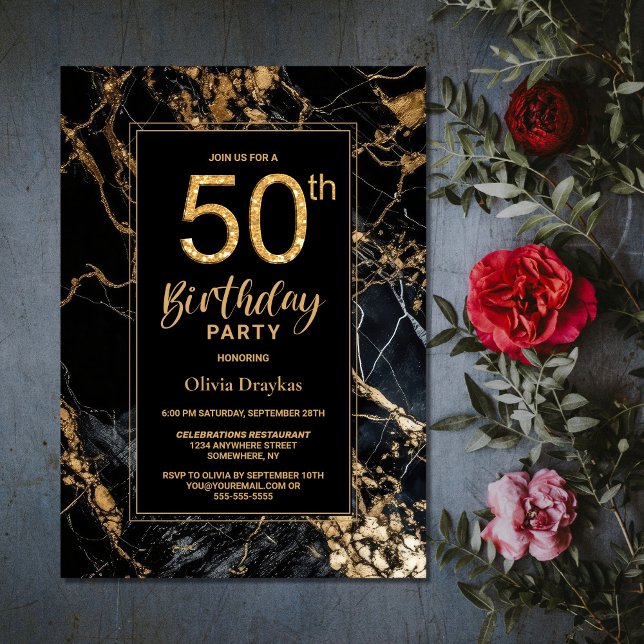 Black Gold Marble 50th Birthday Party Invitation (Creator Uploaded)