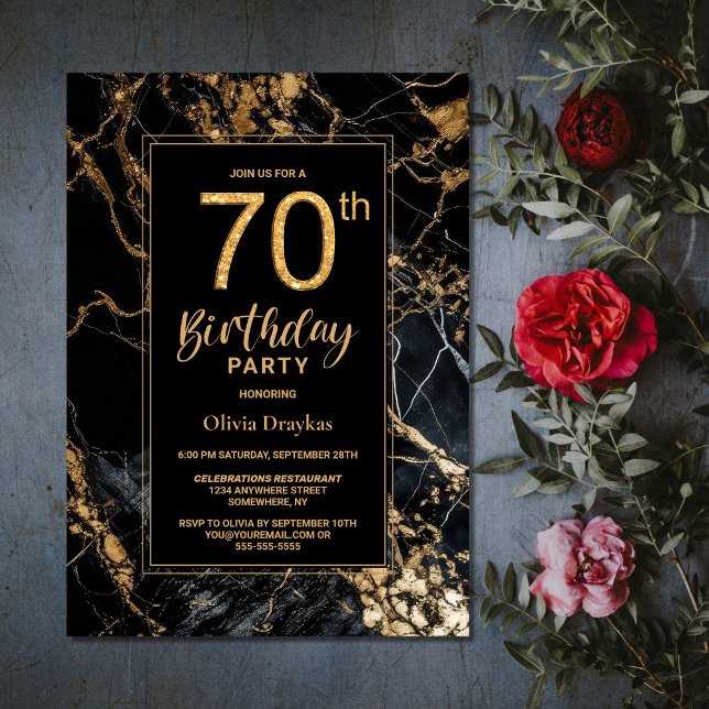 Black Gold Marble 70th Birthday Party Invitation (Creator Uploaded)