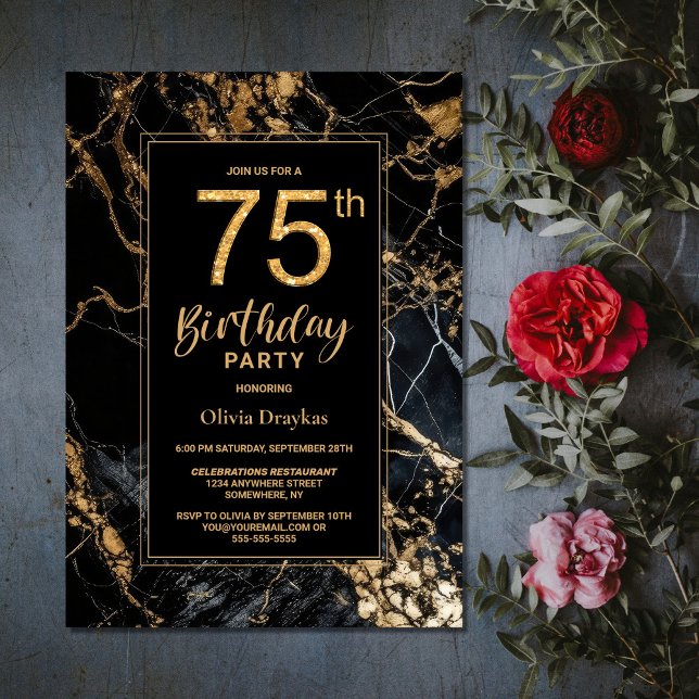 Black Gold Marble 75th Birthday Party Invitation (Creator Uploaded)
