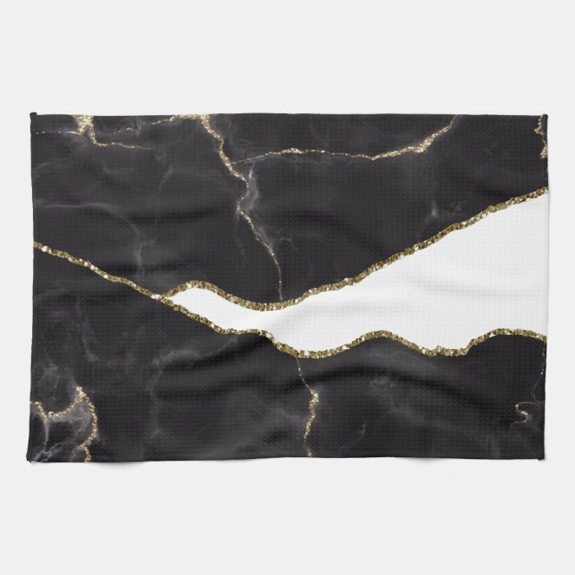 Black Gold Marble Agate Glam  Tea Towel (Horizontal)