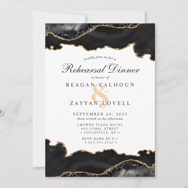 Black Gold Marble Agate Modern Rehearsal Dinner In Invitation (Front)