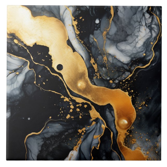 Black Gold Marble Alcohol Ink Abstract  Tile (Front)