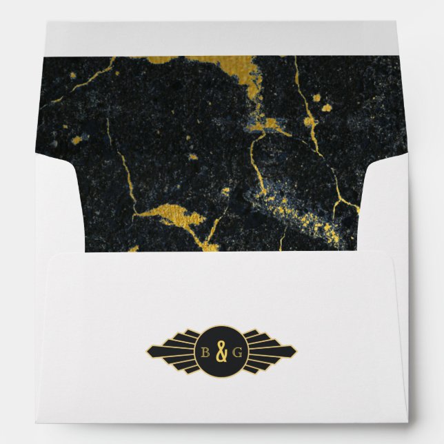 Black Gold Marble Art Deco 5x7 Wedding Invitation Envelope (Back (Bottom))