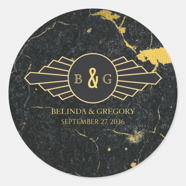 Black Gold Marble Art Deco Wedding Classic Round Sticker (Front)