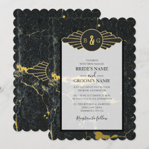 Black Gold Marble Art Deco Wedding Invitation