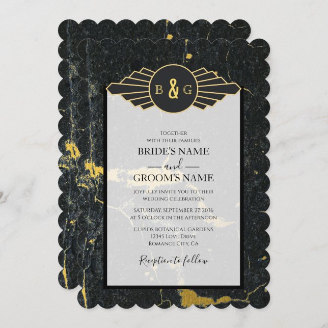 Black Gold Marble Art Deco Wedding Invitation (Front/Back)