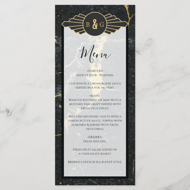 Black Gold Marble Art Deco Wedding Menu (Front)