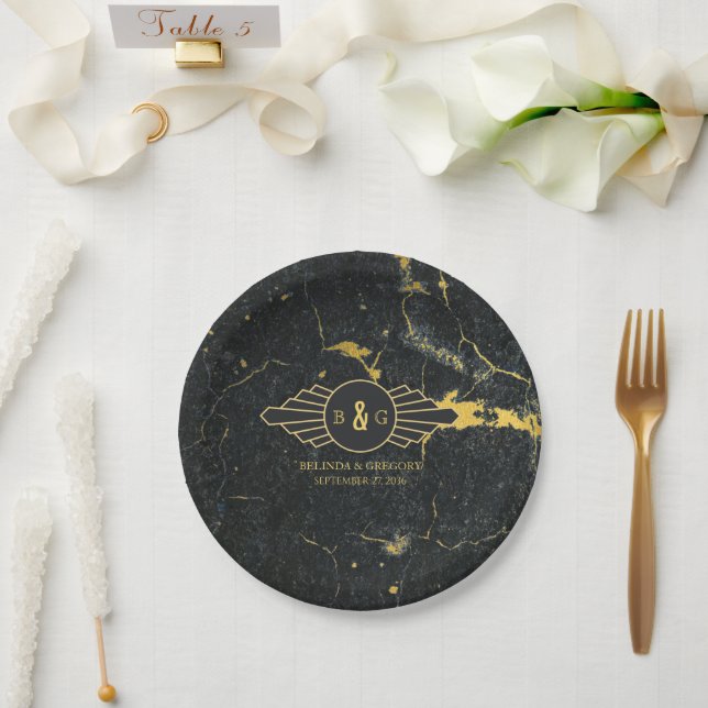 Black Gold Marble Art Deco Wedding  Paper Plate (Wedding)
