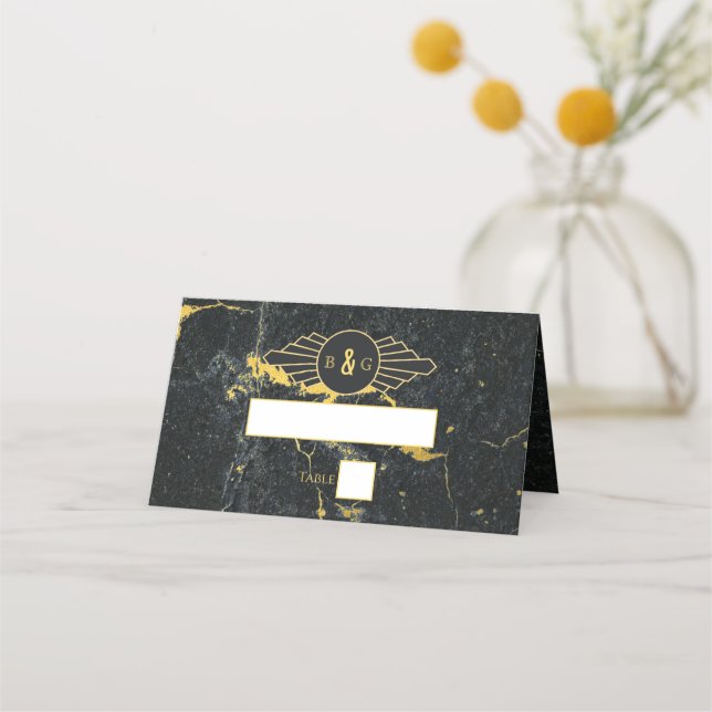 Black Gold Marble Art Deco Wedding  Place Card (Front)