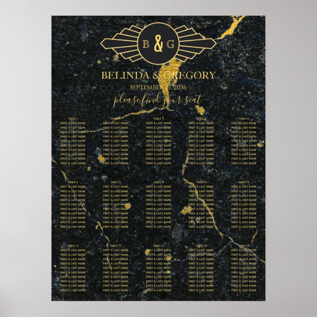 Black Gold Marble Art Deco Wedding Seating Chart (Front)