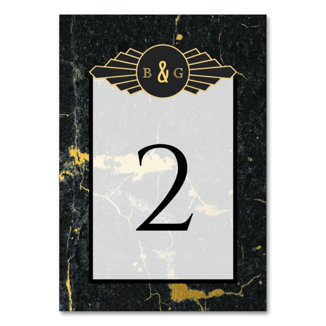 Black Gold Marble Art Deco Wedding Table Number (Front)