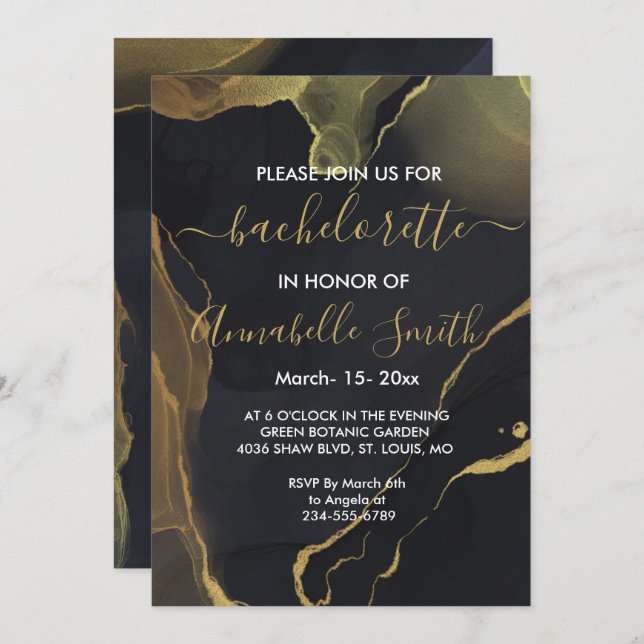 black & Gold Marble  bachelor invitation (Front/Back)