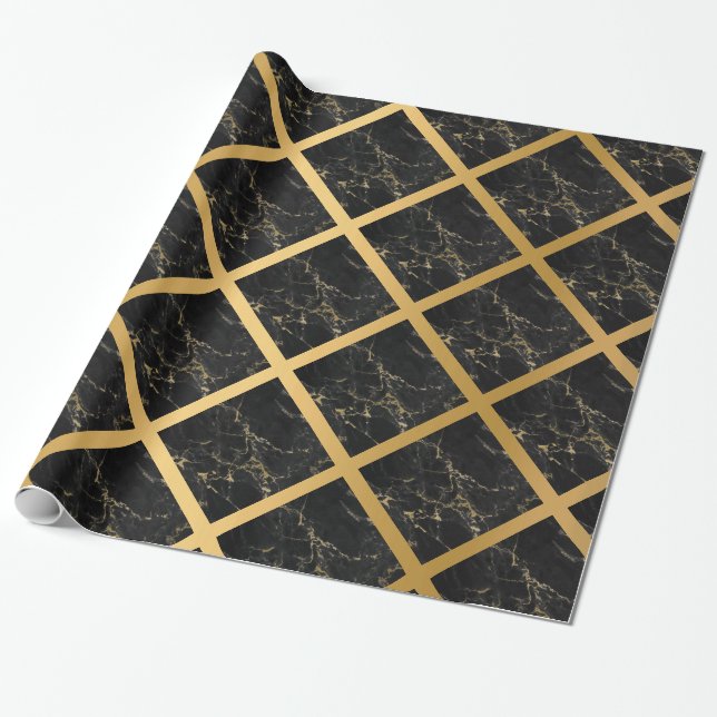 BLACK GOLD MARBLE BIRTHDAY WEDDING WRAP WRAPPING PAPER (Unrolled)
