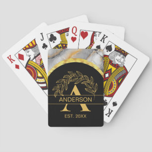 Black Gold Marble Botanical Monogram Personalized Playing Cards