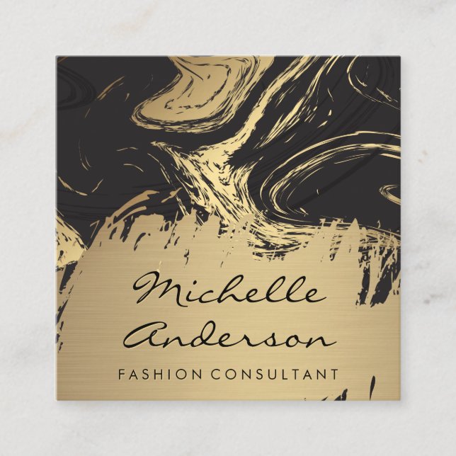 Black Gold Marble Brushed | Metallic Gold Brushed Square Business Card (Front)