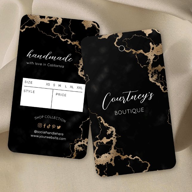 Black & Gold Marble Clothing Swing Tag Price Label (Elegant black marble and faux gold product hang tags with price and size table on the back)