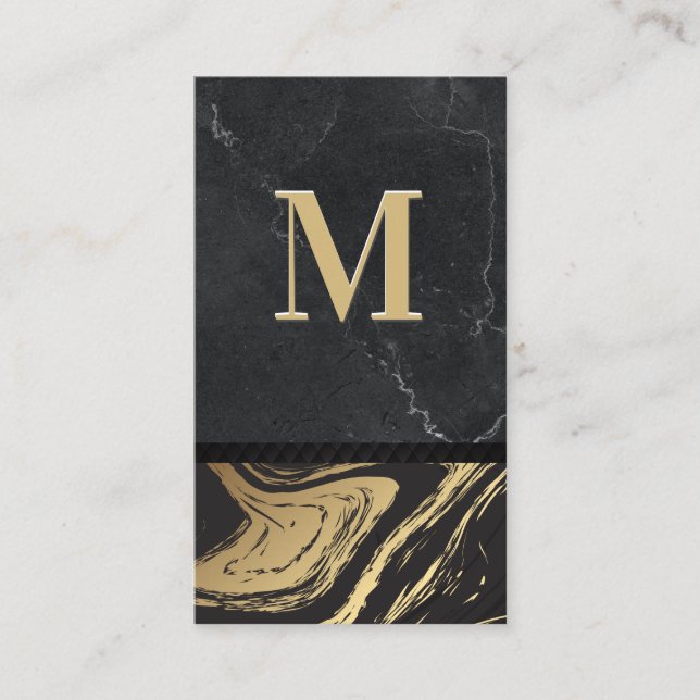 Black Gold Marble | Engraved Monogram Business Card (Front)